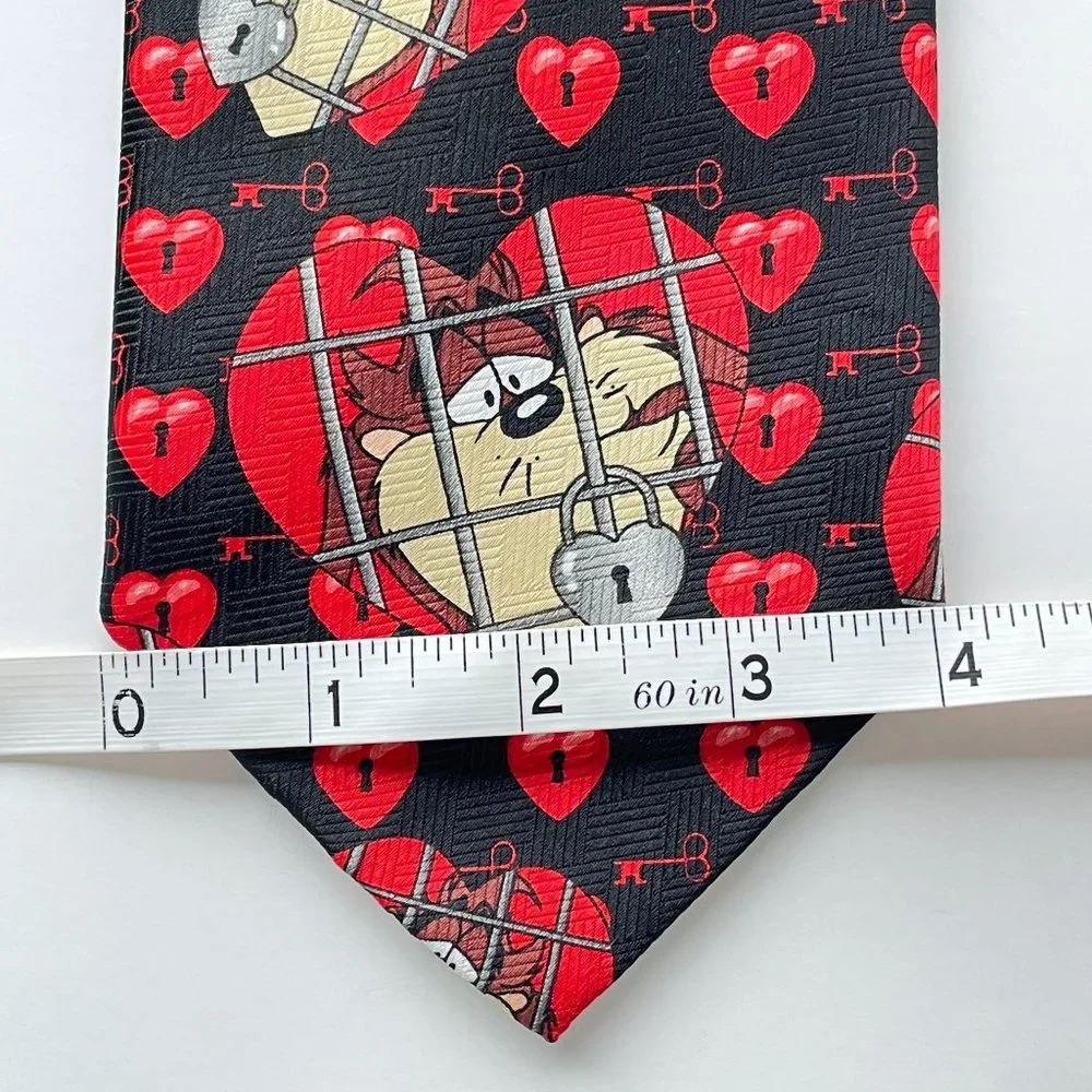 Vintage Looney Tunes Necktie Black Tasmanian Devil Love Heart Polyester Mens Tie